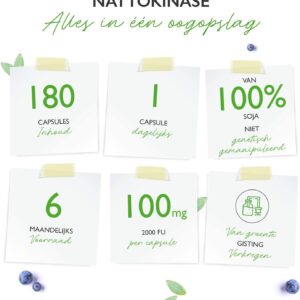 Nattokinase - 180 capsules met elk 100 mg (20.000 FU/g) - 6 maanden voorraad - laboratorium getest - hoge dosering - veganistisch - van GMO-vrije soja - zonder ongewenste toevoegingen - Vit4ever samenvatting