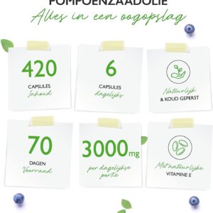 Pompoenpitolie - 420 capsules - 3000 mg per dagelijkse portie - Met natuurlijke vitamine E - Hooggedoseerd - Natuurlijk & koudgeperst - Vit4ever samenvatting